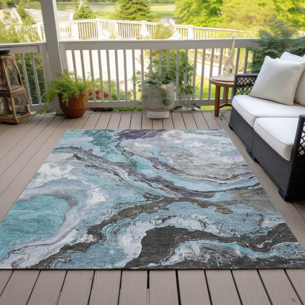 HomeRoots 8' X 10' Teal Blue & Charcoal Abstract Rug - Washable, Durable, Stylish for Indoor & Outdoor Spaces 625460