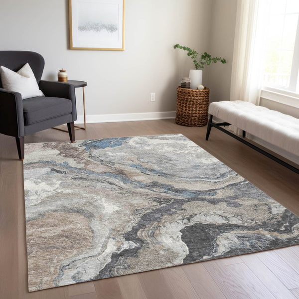 HomeRoots 5' Taupe and Charcoal Abstract Area Rug - Washable, Durable, Modern Design for Indoor & Outdoor Use 625464