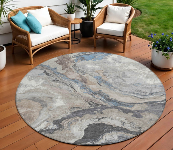 HomeRoots 8' Stylish Taupe & Charcoal Round Abstract Washable Rug for Indoor/Outdoor High-Traffic Areas 625465