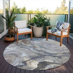 HomeRoots 8' Stylish Taupe & Charcoal Round Abstract Washable Rug for Indoor/Outdoor High-Traffic Areas 625465