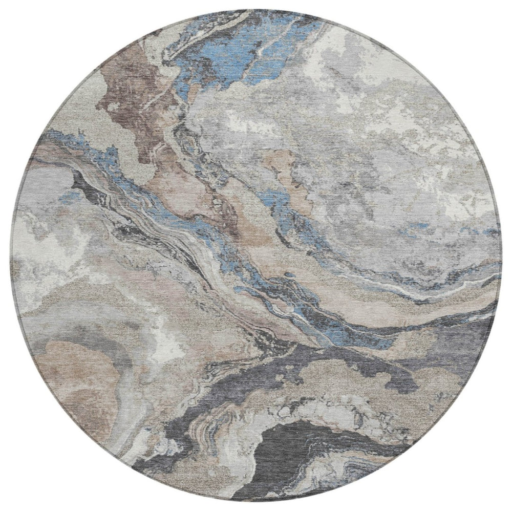 HomeRoots 8' Stylish Taupe & Charcoal Round Abstract Washable Rug for Indoor/Outdoor High-Traffic Areas 625465