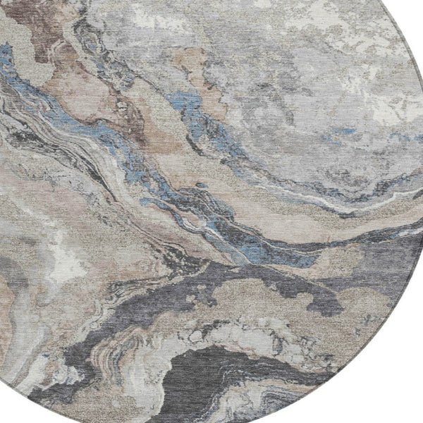 HomeRoots 8' Stylish Taupe & Charcoal Round Abstract Washable Rug for Indoor/Outdoor High-Traffic Areas 625465