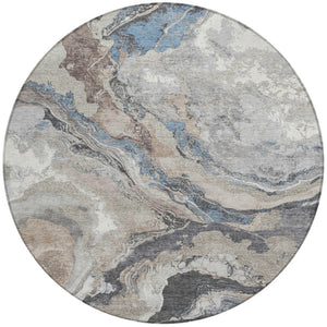 HomeRoots 8' Stylish Taupe & Charcoal Round Abstract Washable Rug for Indoor/Outdoor High-Traffic Areas 625465
