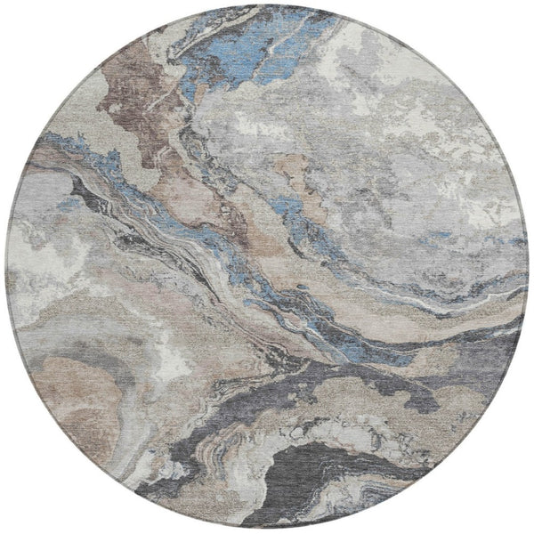 HomeRoots 8' Stylish Taupe & Charcoal Round Abstract Washable Rug for Indoor/Outdoor High-Traffic Areas 625465