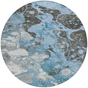 HomeRoots 8' Blue and Charcoal Round Abstract Washable Rug - Stylish Indoor/Outdoor Area Rug for Any Space 625471