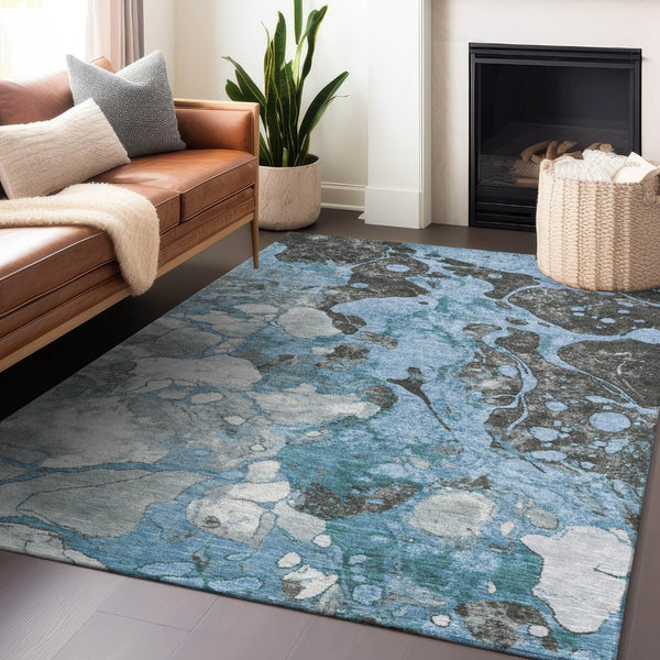 HomeRoots 9' X 12' Abstract Blue & Charcoal Washable Area Rug - Versatile Indoor/Outdoor Comfort & Style 625473