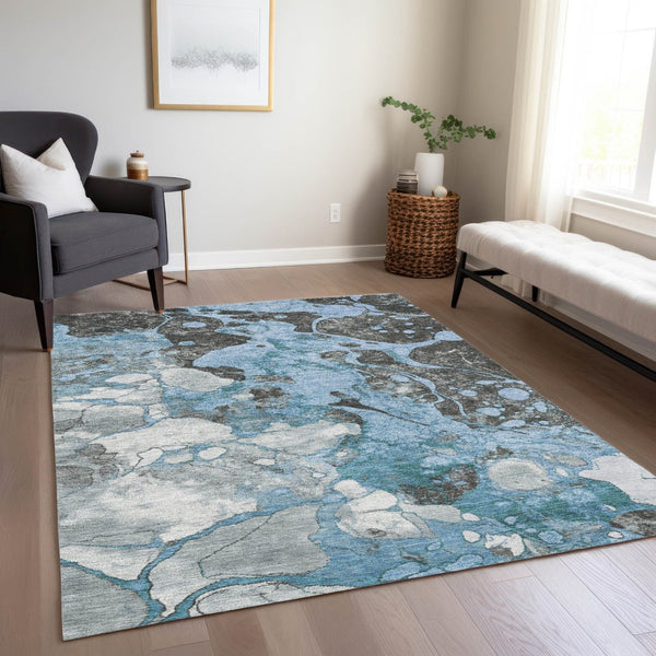 HomeRoots 9' X 12' Abstract Blue & Charcoal Washable Area Rug - Versatile Indoor/Outdoor Comfort & Style 625473