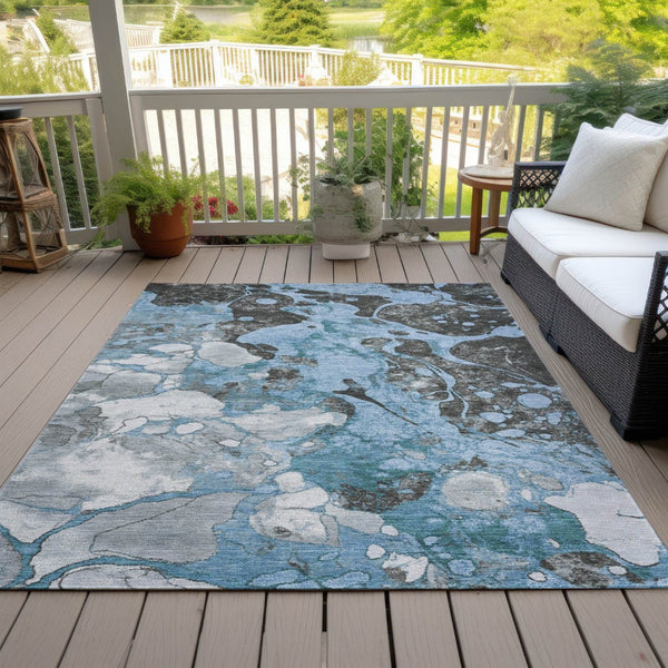 HomeRoots 9' X 12' Abstract Blue & Charcoal Washable Area Rug - Versatile Indoor/Outdoor Comfort & Style 625473
