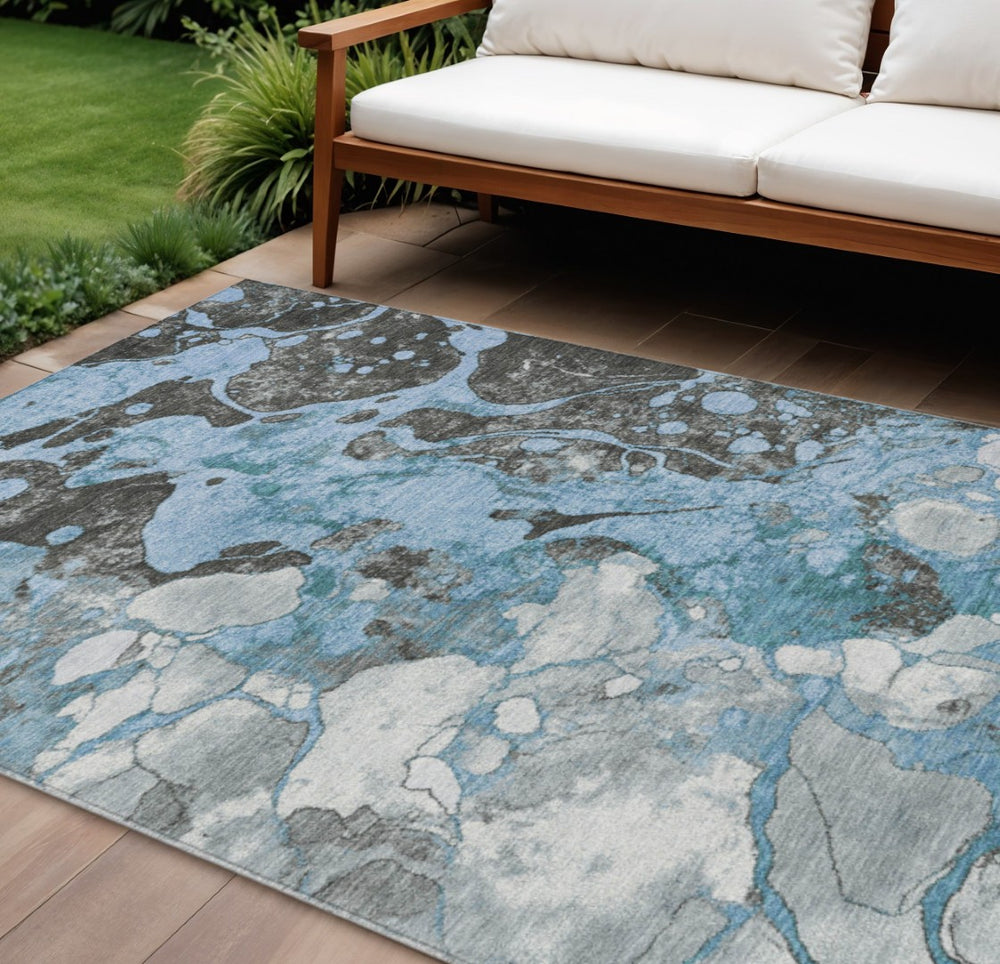 HomeRoots 10' Blue and Charcoal Abstract Area Rug – Washable Indoor/Outdoor Design for Modern Spaces, 10'x14' 625474