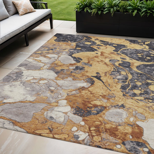 HomeRoots 5' X 8' Gold and Charcoal Abstract Area Rug - Washable, Durable, Stylish for Indoor & Outdoor Use! 625476