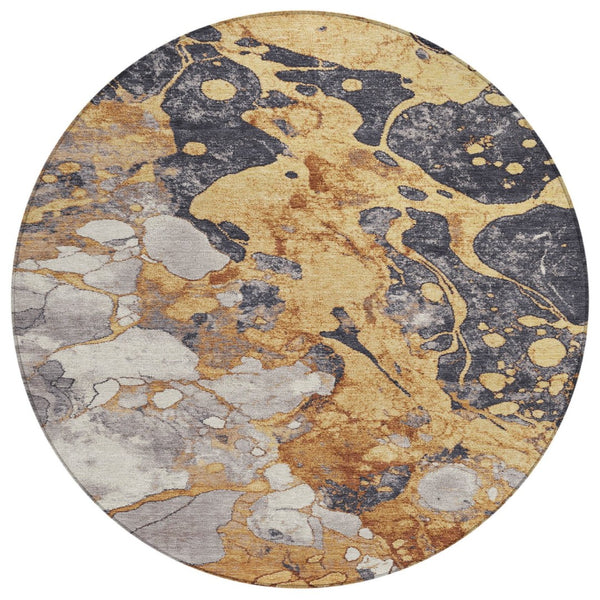HomeRoots 8' Gold and Charcoal Round Modern Abstract Indoor-Outdoor Area Rug - Durable, Washable, Stylish! 625477