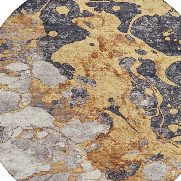 HomeRoots 8' Gold and Charcoal Round Modern Abstract Indoor-Outdoor Area Rug - Durable, Washable, Stylish! 625477