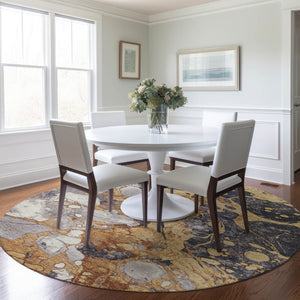 HomeRoots 8' Gold and Charcoal Round Modern Abstract Indoor-Outdoor Area Rug - Durable, Washable, Stylish! 625477