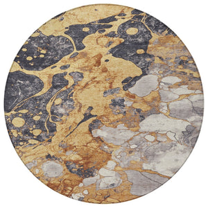 HomeRoots 8' Gold and Charcoal Round Modern Abstract Indoor-Outdoor Area Rug - Durable, Washable, Stylish! 625477