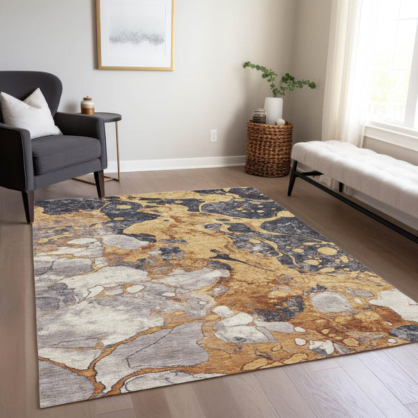 HomeRoots 8' X 10' Gold and Charcoal Abstract Area Rug – Stylish, Washable, Indoor/Outdoor for High-Traffic Areas 625478
