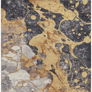 HomeRoots 9' Gold and Charcoal Abstract Area Rug - Washable, Stain-Resistant for Indoor & Outdoor Use, 9x12' 625479