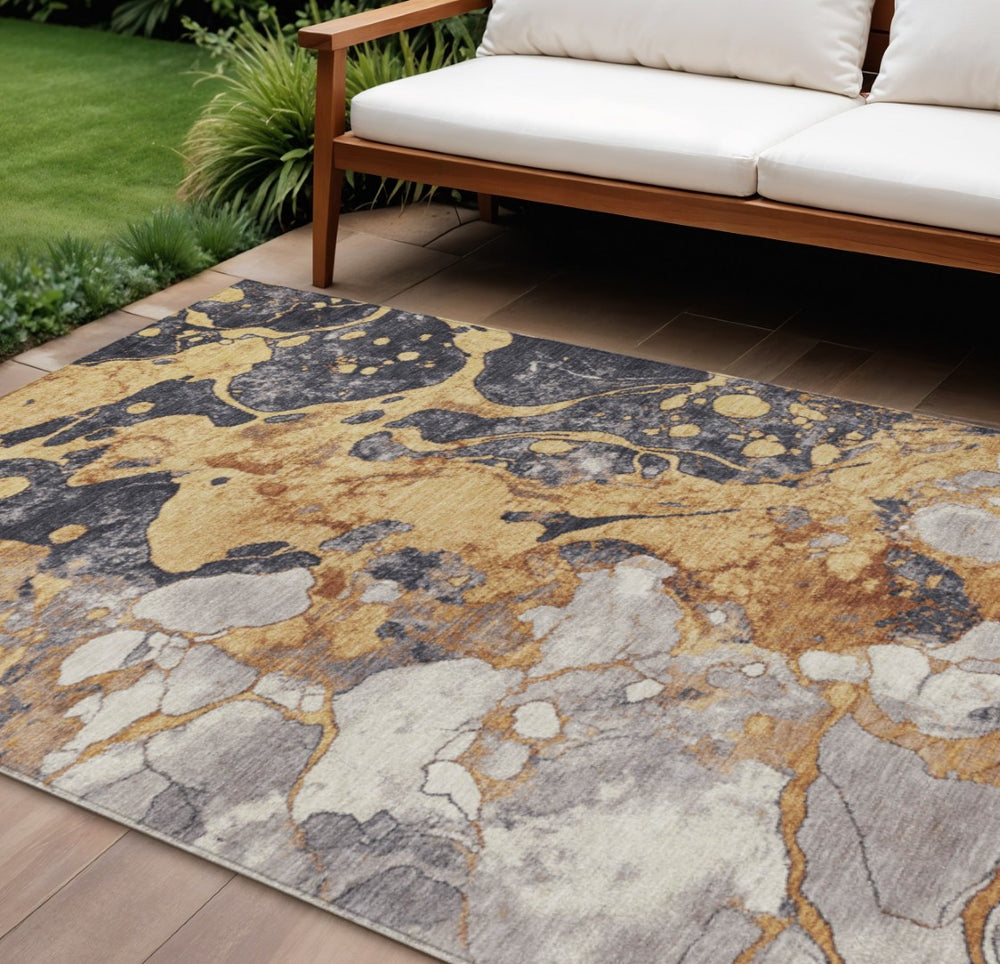 HomeRoots 10' X 14' Gold and Charcoal Abstract Area Rug – Stylish, Washable, Indoor/Outdoor Use, Durable Design 625480