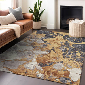 HomeRoots 10' X 14' Gold and Charcoal Abstract Area Rug – Stylish, Washable, Indoor/Outdoor Use, Durable Design 625480