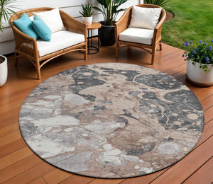 HomeRoots 8' Brown and Charcoal Round Abstract Area Rug - Stylish, Washable, Durable Design for Indoor & Outdoor Use 625489