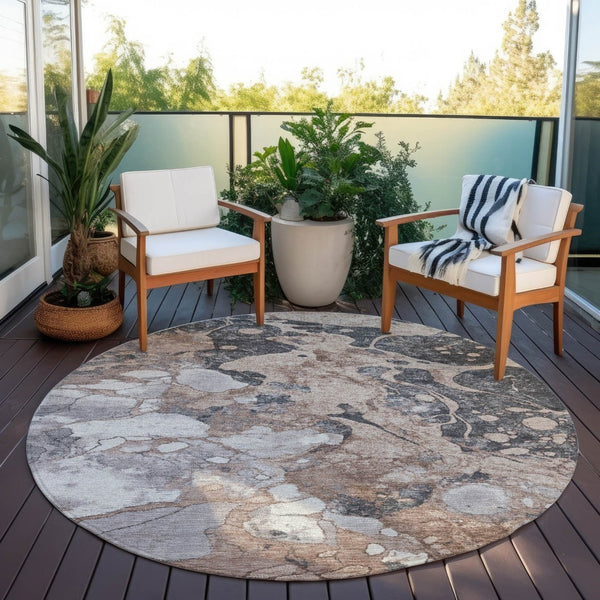 HomeRoots 8' Brown and Charcoal Round Abstract Area Rug - Stylish, Washable, Durable Design for Indoor & Outdoor Use 625489