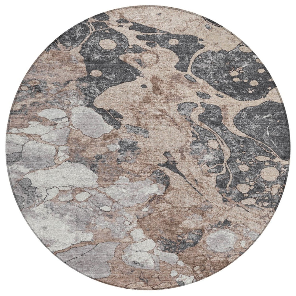 HomeRoots 8' Brown and Charcoal Round Abstract Area Rug - Stylish, Washable, Durable Design for Indoor & Outdoor Use 625489