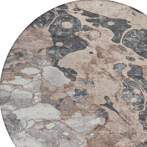 HomeRoots 8' Brown and Charcoal Round Abstract Area Rug - Stylish, Washable, Durable Design for Indoor & Outdoor Use 625489