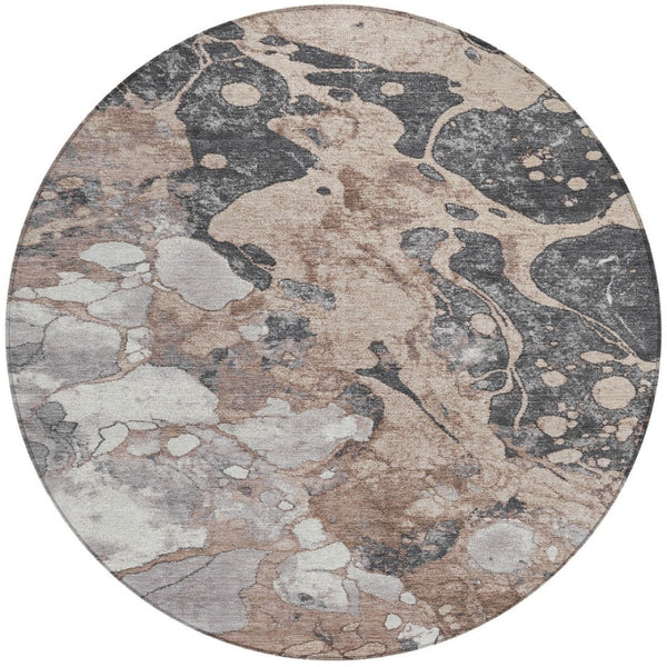 HomeRoots 8' Brown and Charcoal Round Abstract Area Rug - Stylish, Washable, Durable Design for Indoor & Outdoor Use 625489