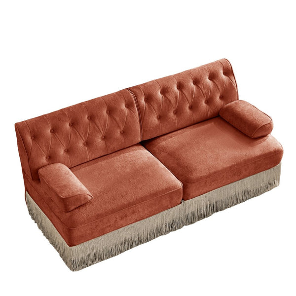 English Elm Soft Velvet Chesterfield Sectional Sofa Tufted Tassel Fringe Skirt Modular Living Room Red+Brown W714S01718