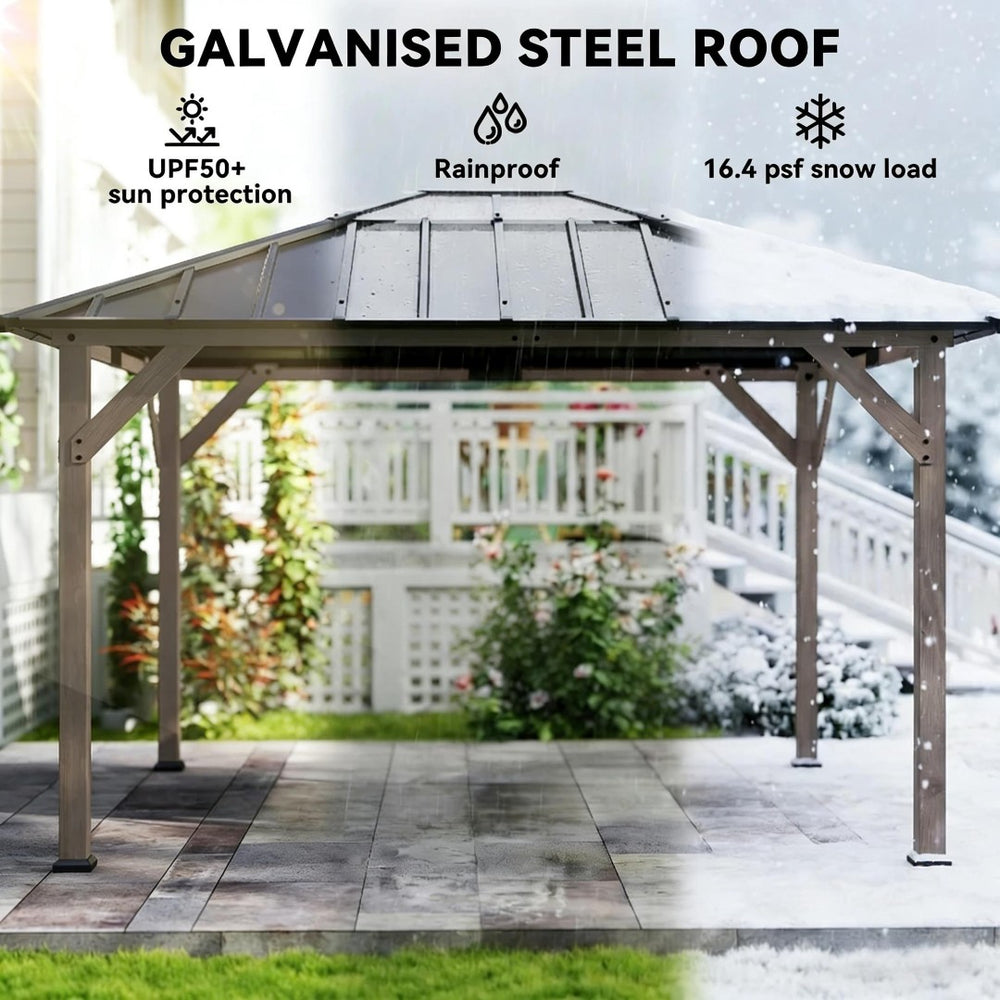 English Elm Spacious Hardtop Outdoor Gazebo Fir Wood Frame Steel Roof with Natural Light Panel T3971S00192