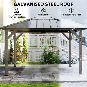 English Elm Spacious Hardtop Outdoor Gazebo Fir Wood Frame Steel Roof with Natural Light Panel T3971S00192