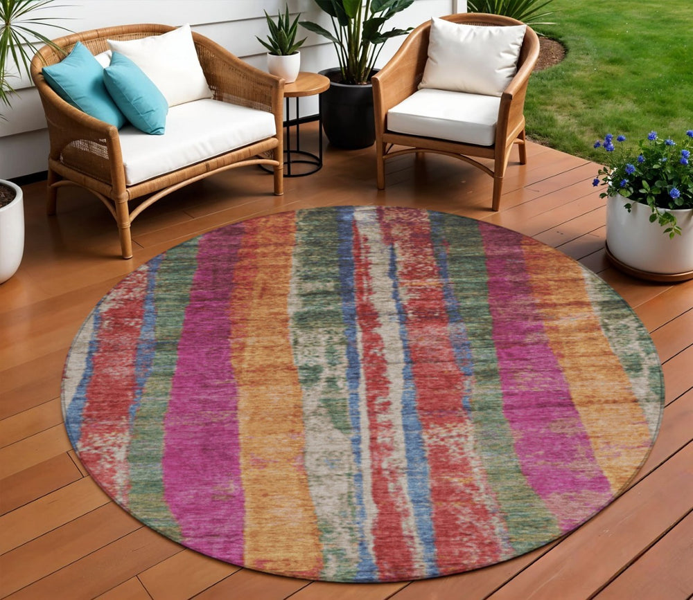 HomeRoots 8' Round Striped Area Rug in Beige, Orange & Fern Green - Durable, Washable for Indoors & Outdoors 625501