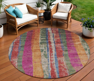 HomeRoots 8' Round Striped Area Rug in Beige, Orange & Fern Green - Durable, Washable for Indoors & Outdoors 625501