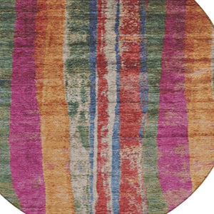 HomeRoots 8' Round Striped Area Rug in Beige, Orange & Fern Green - Durable, Washable for Indoors & Outdoors 625501