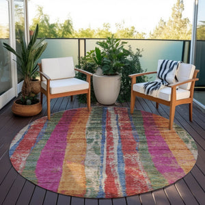 HomeRoots 8' Round Striped Area Rug in Beige, Orange & Fern Green - Durable, Washable for Indoors & Outdoors 625501