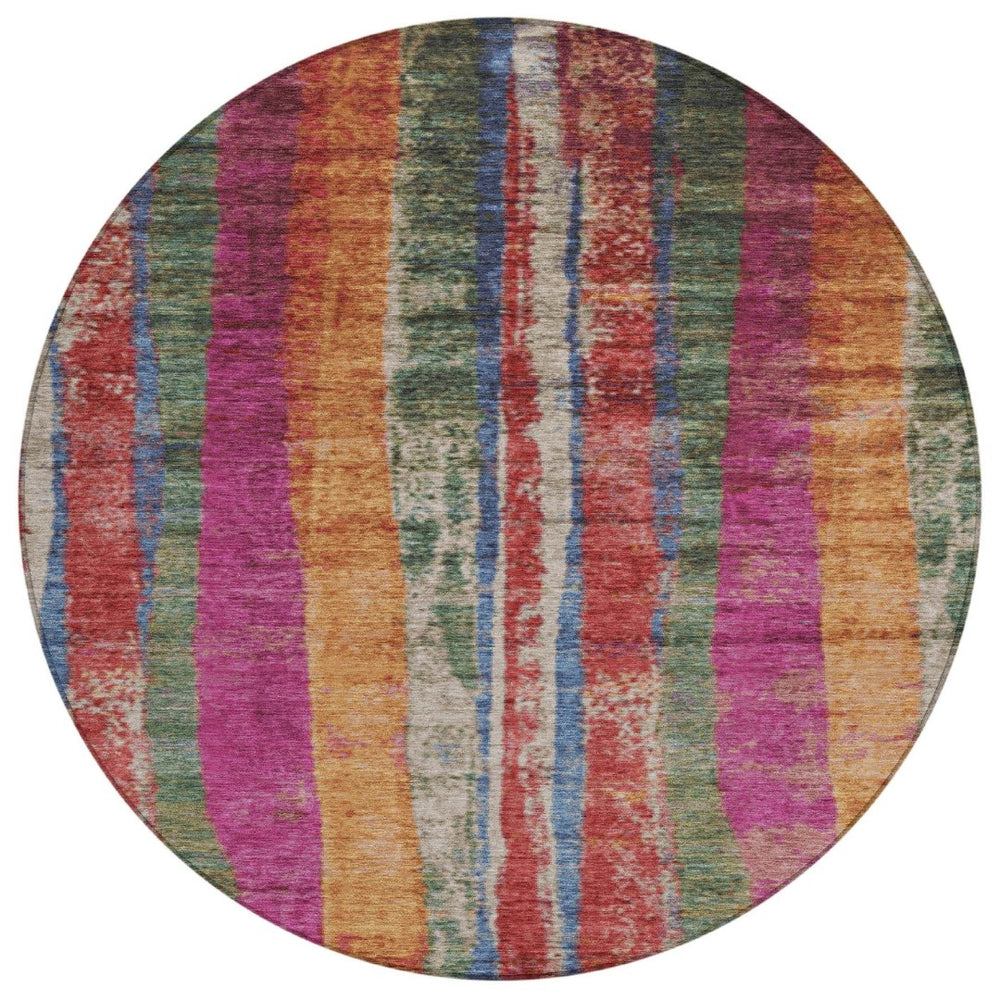 HomeRoots 8' Round Striped Area Rug in Beige, Orange & Fern Green - Durable, Washable for Indoors & Outdoors 625501