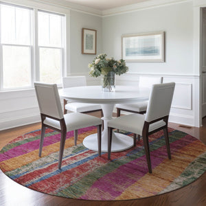 HomeRoots 8' Round Striped Area Rug in Beige, Orange & Fern Green - Durable, Washable for Indoors & Outdoors 625501