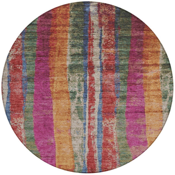HomeRoots 8' Round Striped Area Rug in Beige, Orange & Fern Green - Durable, Washable for Indoors & Outdoors 625501