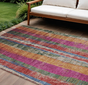 HomeRoots 9' X 12' Washable Beige Orange Fern Green Striped Area Rug - Durable, Stylish, Indoor & Outdoor Use 625503