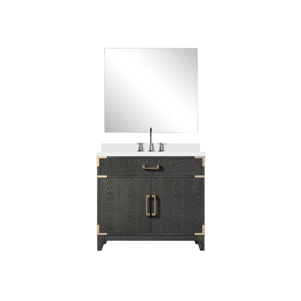 English Elm Black Oak Single Bath Vanity Set With White Quartz Top, 34" Mirror & Chrome Faucet For Stylish Storage B2731S02220