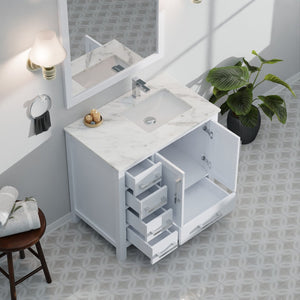 English Elm White 36 in. Bath Vanity with Carrara Marble Right-Offset Top, Soft-Close Drawers & Chrome Faucet Set B2731P259018