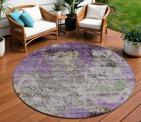 HomeRoots 8' Stylish Round Abstract Area Rug in Lavender and Ivory – Washable, Durable for Indoor & Outdoor Use 625525