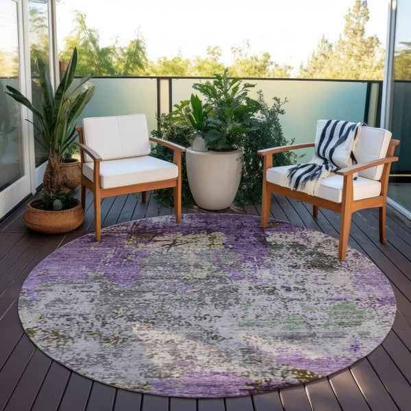 HomeRoots 8' Stylish Round Abstract Area Rug in Lavender and Ivory – Washable, Durable for Indoor & Outdoor Use 625525