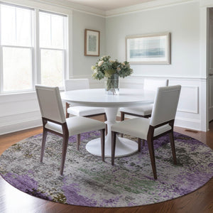 HomeRoots 8' Stylish Round Abstract Area Rug in Lavender and Ivory – Washable, Durable for Indoor & Outdoor Use 625525