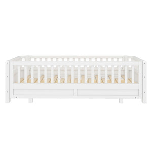 English Elm Twin Xl Platform Bed Frame With Guardrails - Solid Pine Wood, Convertible To Queen, White Finish W1580S00241-GIGA