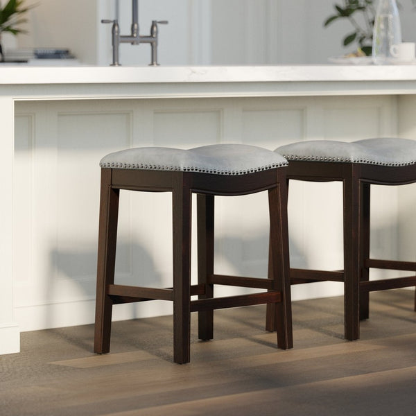 English Elm 26in. Counter Height Hardwood Barstool Nailhead Faux Leather Seat Kitchen Dining Gray B2751P436412