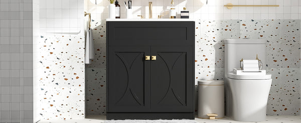 English Elm 30'' Modern Bathroom Vanity With Ceramic Sink, Soft-Close Doors, Gold Handles & Ample Storage Space N710P194898B