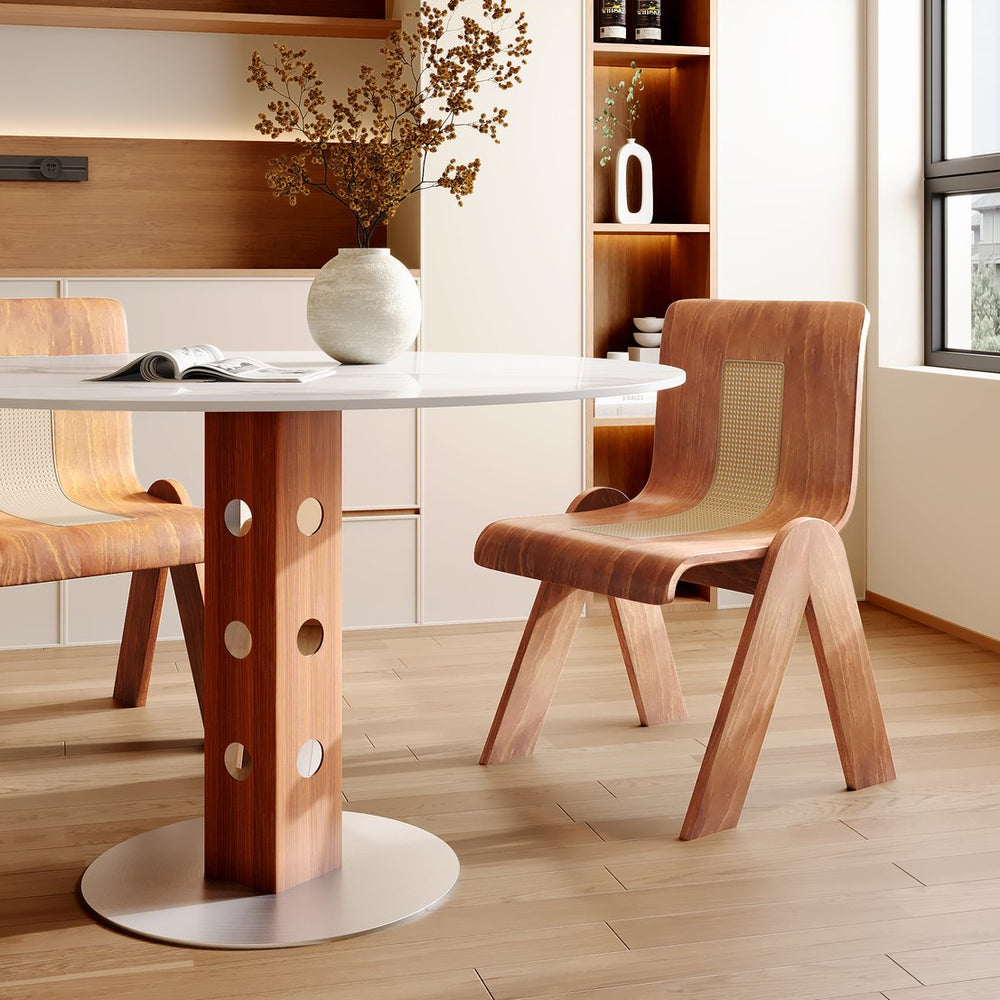 English Elm 2-4 Person Round Solid Wood Dining Table, Walnut Base & White Stone Top For Cozy Spaces & Nooks T3833S00058