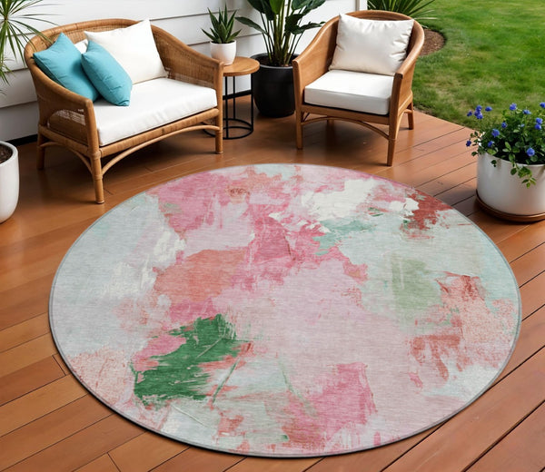 HomeRoots 8' Blush and Green Round Abstract Area Rug - Stylish, Washable, Perfect for Indoor and Outdoor Spaces! 625609