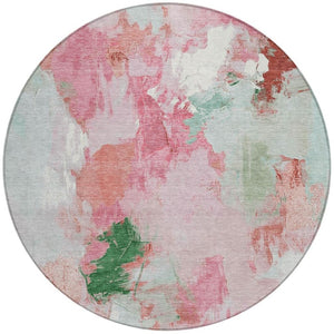 HomeRoots 8' Blush and Green Round Abstract Area Rug - Stylish, Washable, Perfect for Indoor and Outdoor Spaces! 625609