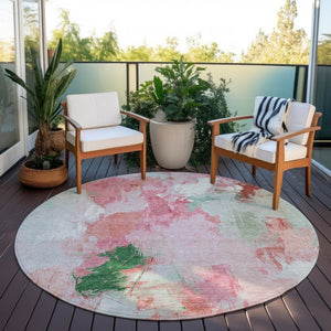 HomeRoots 8' Blush and Green Round Abstract Area Rug - Stylish, Washable, Perfect for Indoor and Outdoor Spaces! 625609